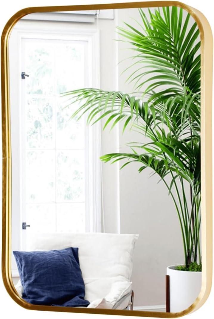 Gold Aluminum Metal Framed Mirror with Rounded Corners, Rust Resistant, Wall Mounted Mirror for Bedroom or Living Room,Vertical or Horizontal Hanging (Gold, 11.8x15.7inch)