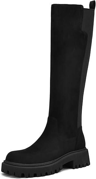 TEAIEU Knee High Boots for Women, Platform Chunky Block Low Heel Tall Boots, Round Toe Side Zipper Fall Long Boots for Dress, Stretch Calf, Comfortable, Black Suede, Size 7