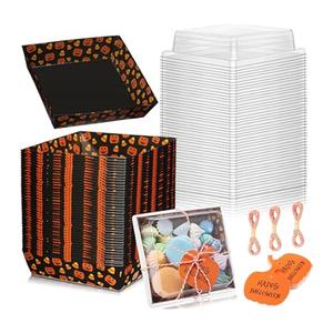 50 Pcs Halloween Pumpkin Charcuterie Boxes with Clear Lid Rope Card 5.3 Inch Square Disposable Paper Food Containers Bakery Dessert Treat Boxes for Cake Cookie Sandwich Halloween Party Favor