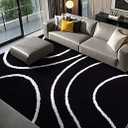 YIHOUSE Black Modern Area Rugs 8x10, Large Black and White Rugs for Living Room, Wave Washable Rug 8x10, Thin Abstract Geometric Rug, Minimalist Striped Rugs for Bedroom, Office