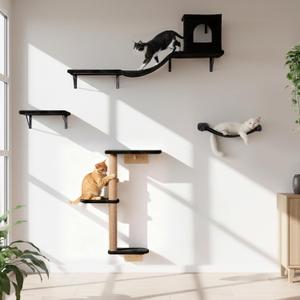 Wall Mounted Cat Furniture Set of 4 – 4 in 1 Cat Wall Shelves with Hammock, Bridge, Climbing Tree & Perch – Shelves for Large Cats, Holds Up to 30 lbs, Indoor Playground