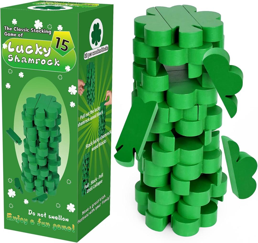 Wooden Blocks Stacking Game, St. Patrick's Day Lucky Shamrock Blocks Stacking Game Green Shamrock Wood Blocks Tumbling Stacking Tower Game for Family Gathering Party(Irish Style)