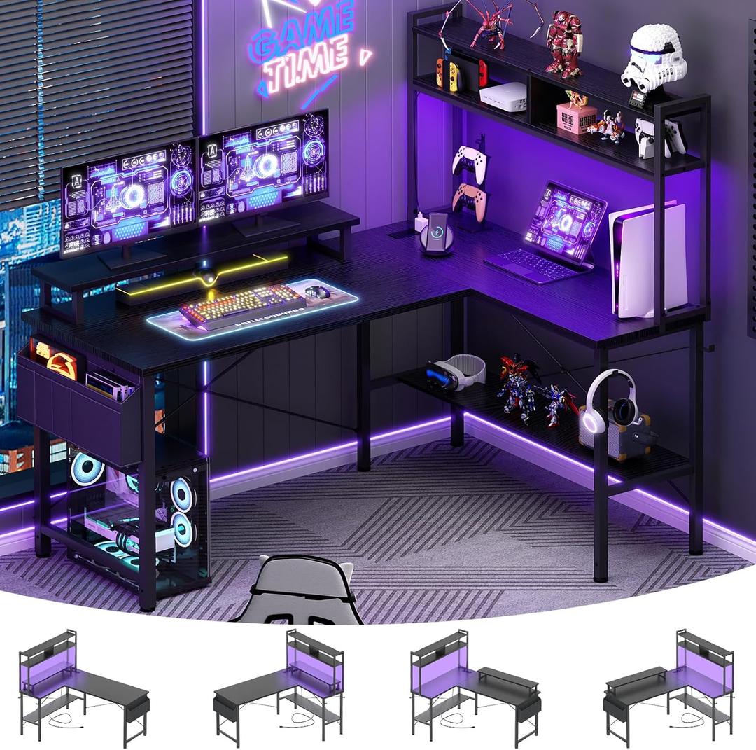Aheaplus L Shaped Gaming Desk with Power Outlets & LED Lights, Small L- Shaped Desk Computer Corner Desk with Monitor Stand & Storage Shelf, Home Office Desk Writing Desk with Storage Bag, Black