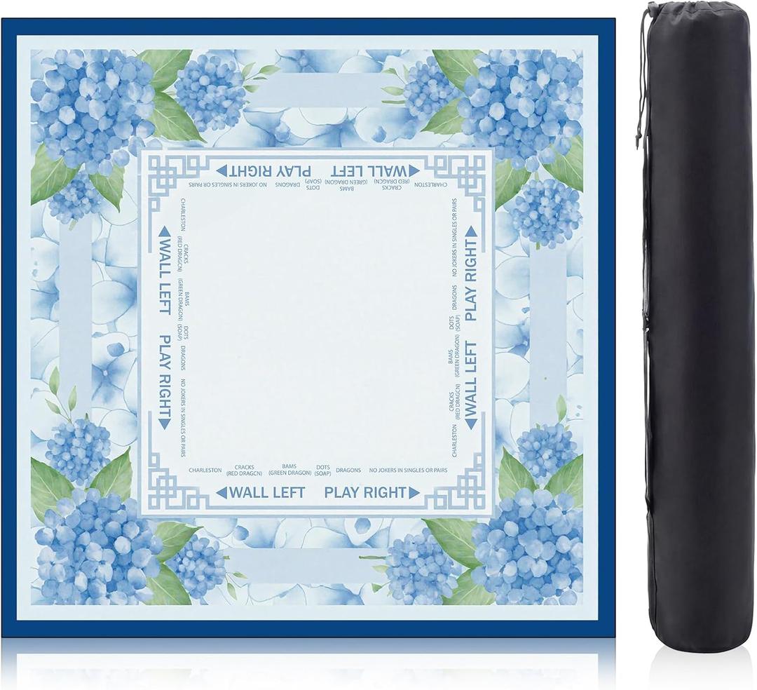Flower Mahjong Mat with Rules 31.5" x 31.5" Non-Slip Noise Reduction Gaming Mat with Carrying Bag American Mahjong Table Cover for Poker Board Card Games Dominoes(Blue)