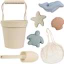 BLUE GINKGO Silicone Beach Toys - Modern Baby Travel Friendly Beach Set | Bucket, Shovel, 4 Sand Molds, Bag | Sand Toys for Toddlers, Kids - 7pc (Beige)
