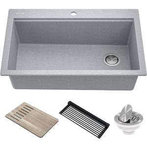 KRAUS Bellucci Workstation 33 in. Drop In Single Bowl Granite Kitchen Sink in Metallic Gray with Accessories, KGTW2-33MGR