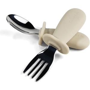 Ali+Oli Spoon & Fork Learning Set for Toddlers (Khaki) 6m+ Grab Easy BPA Free Food-Grade Silicone Handle, Kids Silverware Self Feeding Baby Utensils, Multi-stage Baby Feeding Set Ergonomic Design