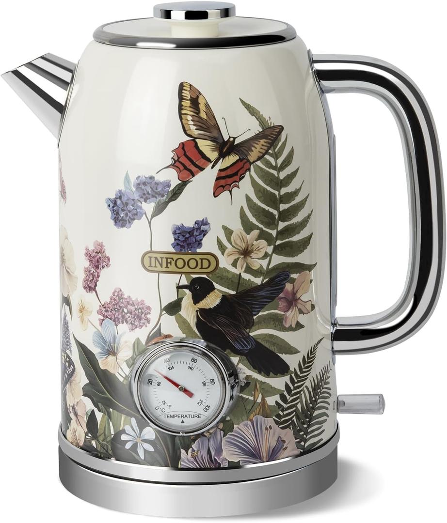 INFOOD Retro Electric Kettle 1.8L/60.8oz with Thermometer - 1200W Fast Boiling Stainless Steel Tea Kettle with Water Level, BPA-Free, Auto Shut-Off, Boil-Dry Protection, Vintage Floral Design