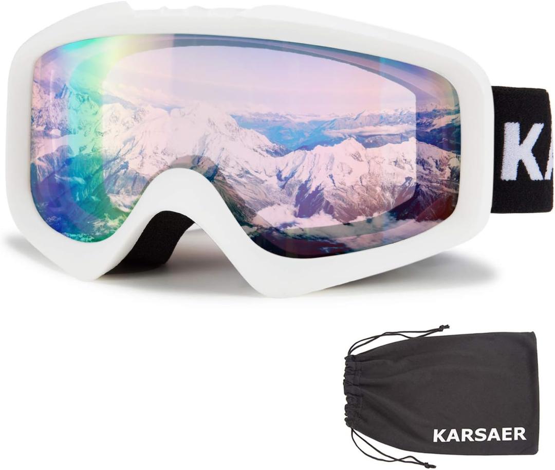 Karsaer Ski Goggles Anti-Fog Snow Goggles OTG 100% UV Protection Snowboard Goggles Bendable Dual-Lenses for Men Women Youth (Matte White Frame Pink Lens Vlt 60%)