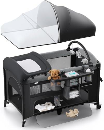 Obee Odee 4 in 1 Baby Bassinet, Pack and Play, Bedside Crib Sleeper, Diaper Changer - Comes with Mattress, Mosquito Net，Bottom Storage and Toy Bar for Newborn to Toddles