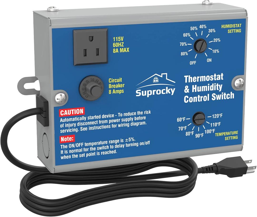 Adjustable Dual Thermostat and Humidity Control Switch with Socket and Overload Protector, Can Be Connected to Two Fans, Surface Spraying, for Power Attic Ventilators 