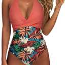 SUUKSESS Women Sexy Tummy Control One Piece Swimsuits Halter Push Up Bathing Suits (Large, #1 Coral Pink Leaf)