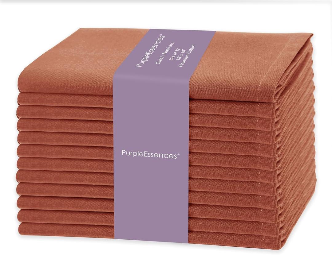 PurpleEssences Rust Set of 12 Cloth Dinner Napkins 100% Cotton 18x18 Inch - Soft Durable Washable - Ideal for Farmhouse Party Spring Easter Summer - Perfect Everyday Use Table Linen - Rust