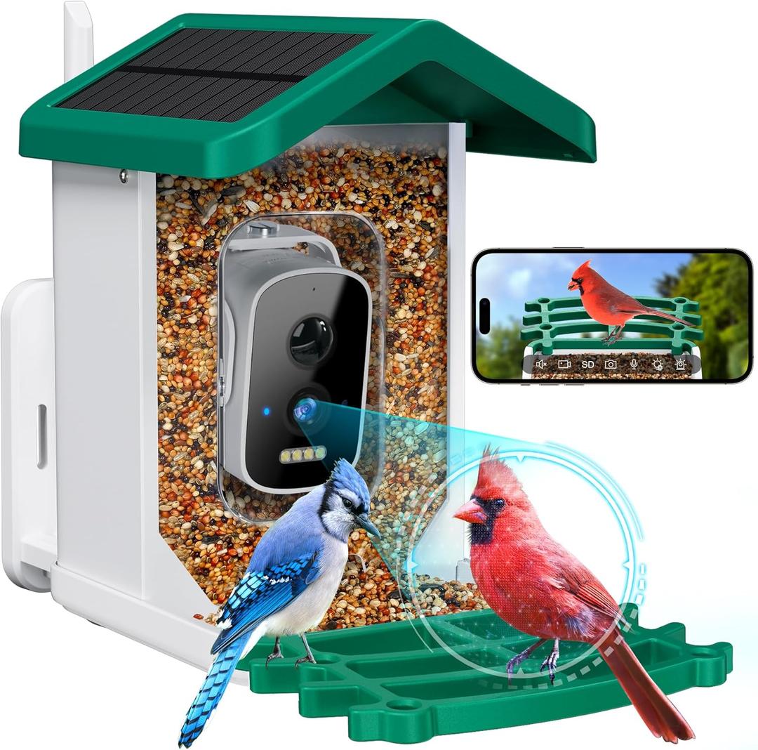 Smart Bird Feeder with Camera Solar Powered, 2.5k HD Video Bird Feeder Auto Capture & AI Identification, Real Time Notifications, Gift for Father, Green