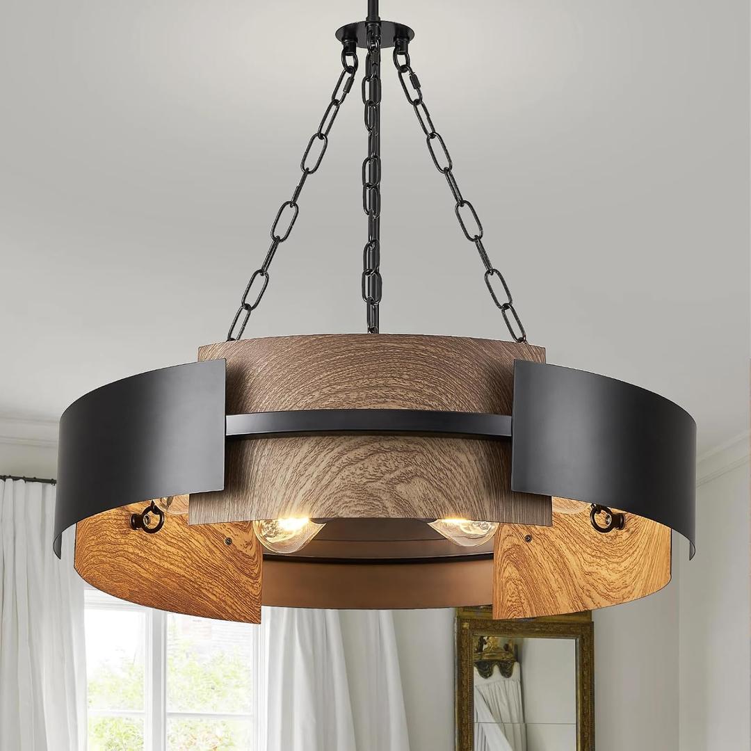 Modern Chandelier 24" Industrial Drum Light Fixture Black Metal 6-Light Hanging Chandelier Walnut Wood Grain for Living Dining Room Foyer Entryway Kitchen