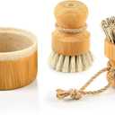 SUBEKYU Bamboo Dish Brush Set with Soap Holder, Wooden Dish Scrubber with Soap Dispenser, Natural Kitchen Scrub Brush, Washing Pot/Pans/Cast Iron, 2 Pack, Sisal + Coconut Palm Bristles (Regular size, Sandstone Base +Sisal 1p+palm 1p)