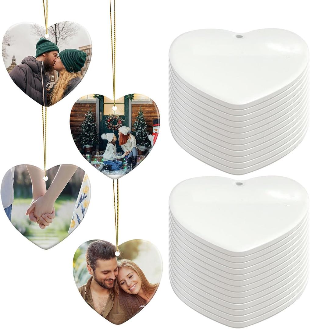 AMONE Sublimation Ceramic Ornaments - Bulk Ceramic Discs for Heat Press Printing - White Round Porcelain Ornament Personalized Xmas Tree Ornament (White-Heart -25PC)