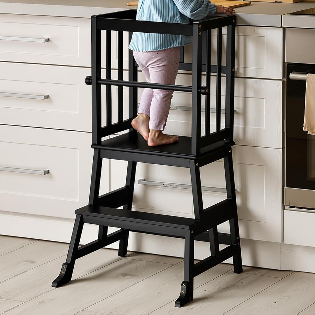 COSYLAND Kids Kitchen Step Stool Helper Baby and Toddler Multi-Function Step up Nursery Helper Stand with Safety Rail in Natural Bamboo, Strong and Lightweight 1.5-3 Years (Black)