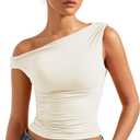 SUUKSESS Women Off Shoulder Tops Sleeveless Shirts Y2K Going Out Crop Tank Top (Small, Cream White)