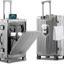 YYW All Aluminium Luggage With Spinner Wheels Lightweight PC hardside Rolling Suitcase, Built-In TSA lock Carry on Suitcase, with Cup Holder, USB Port, Phone Holder (Silver,20inch/35x23x55cm)