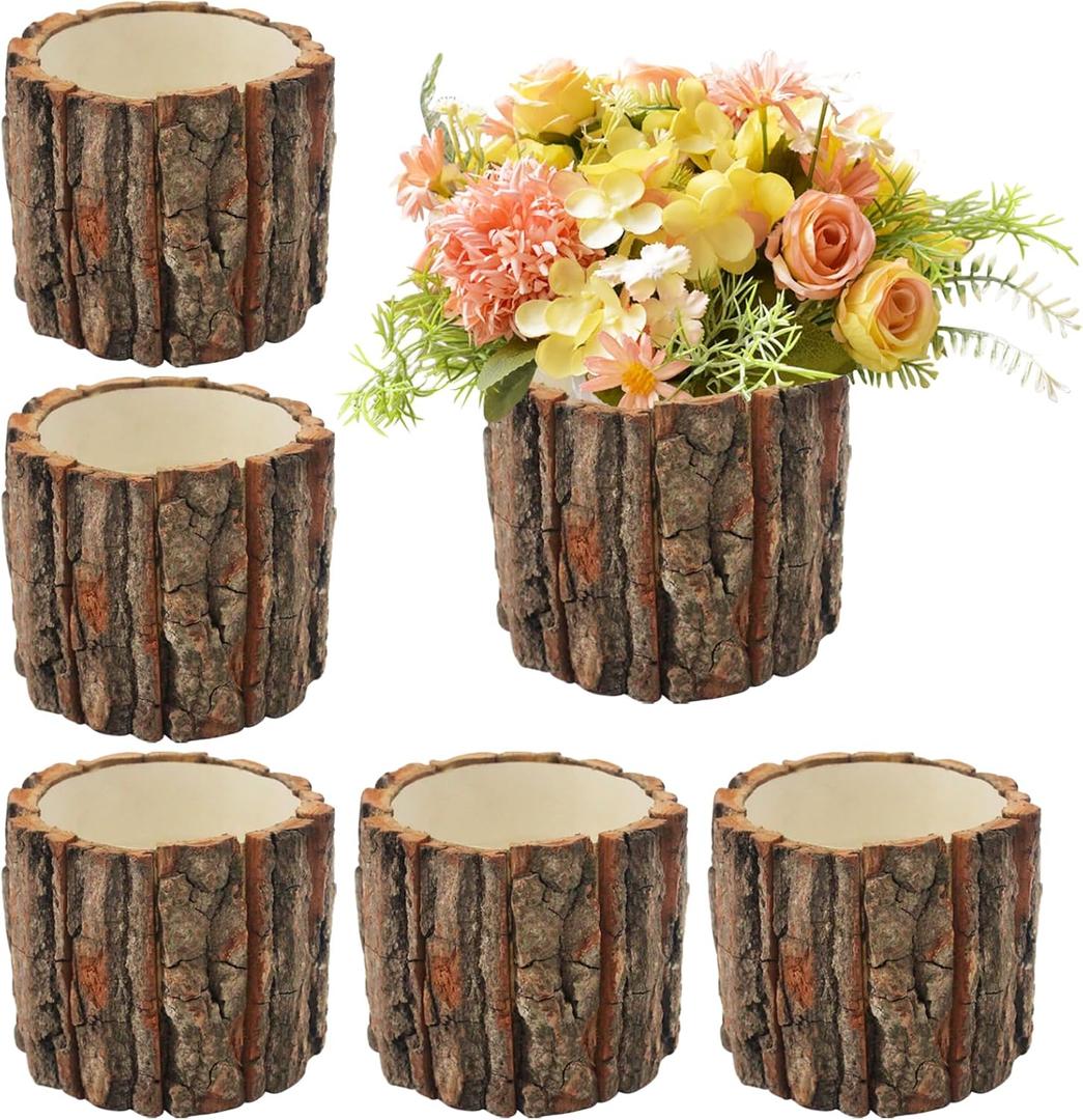 6pcs Wood Vases Rustic Centerpiece,Vintage Wooden Planter Pots for Centerpieces Woodland Party Wedding Table Living Room Shelf Decor