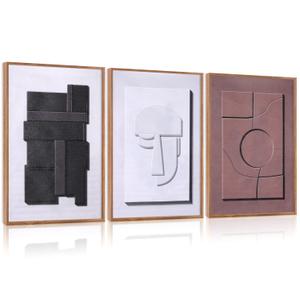 Aurlan Neutral Abstract Polygon Framed Wall Art(16"x24"), 3 PCS Minimalist Black Beige Brown 3D Textured Canvas Artwork, Large Modern Geometric Illustration Art Wall Decor for Office Living Room