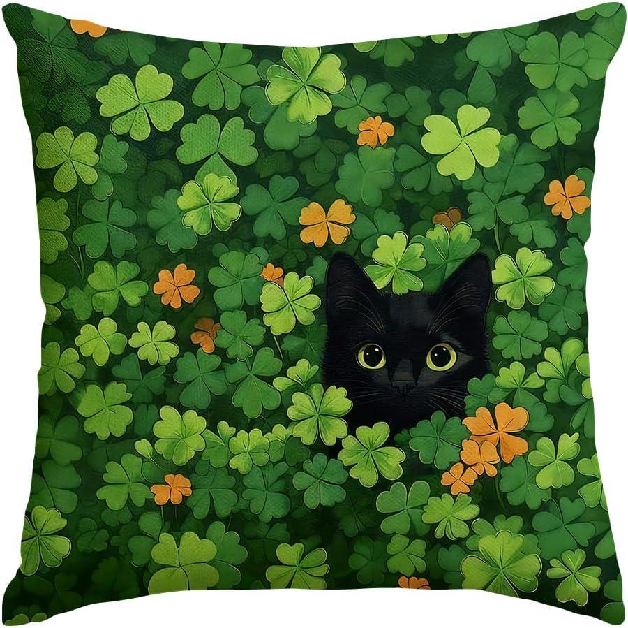 St Patricks Day Throw Pillow Covers 20x20 Inch, Black Cat Shamrock Green Spring Cushion Case Decoration Farmhouse Holiday Outdoor Spring Lumbar Cushion Cases Decor for Sofa Couch Indoor