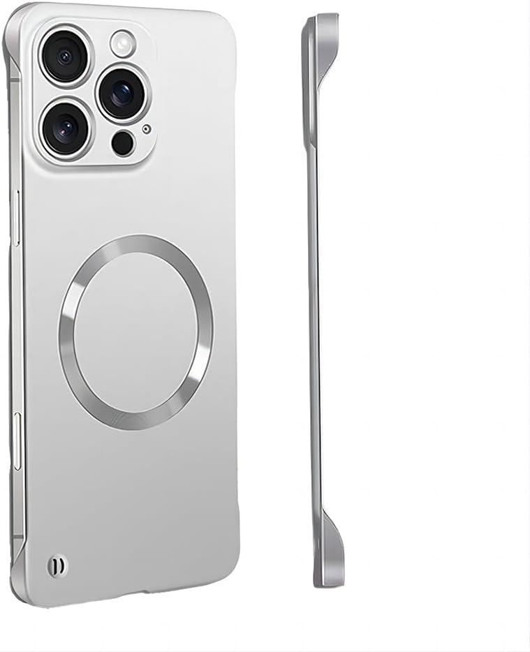 for iPhone Case,Luxury Magnetic Metal Gloss Matte Ultra Thin Frameless,Compatible with Magsafe Slim Hard PC Protection Shockproof Phone Case (Silver,iPhone 15 Pro)