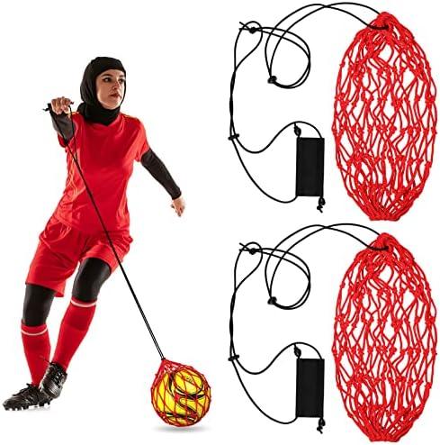 2 Pcs Handle Solo Soccer Kick Trainer Ball Bungee Elastic Training Juggling Net Soccer Kick Net Training Equipment Accessories and Gear for Kids Adults (fits Ball Size 3, 4, 5) (Red)