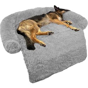 GGIB Calming Dog Bed Fluffy Plush Dog Mat for Furniture Protector with Removable Washable Cover for Large Medium Small Dogs and Cats (Large, Grey) (45.0"L x 37.0"W x 6.0"Th)