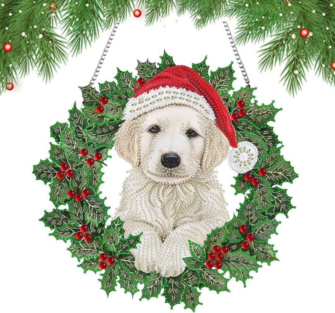 Christmas Diamond Art Painting Kits for Adults Flower Diamond Dots Wooden Hanging Pendant Special Shaped Rhinestone 5D DIY Art Crafts Window Ornament for Home Decor Party Gift