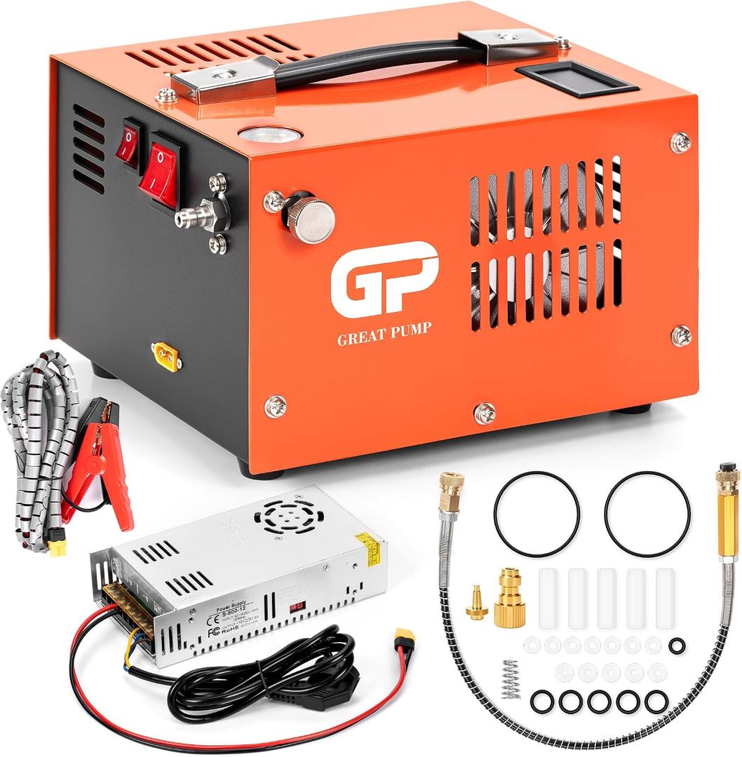 TUXING PCP Air Compressor, Max 4500 PSI / 300 Bar, Dual Power Car 12V DC or Home 120V AC, Built-in Cooling Fan, with Adapter HPA Compressor for Paintball/PCP Rifle/Mini Scuba Tank