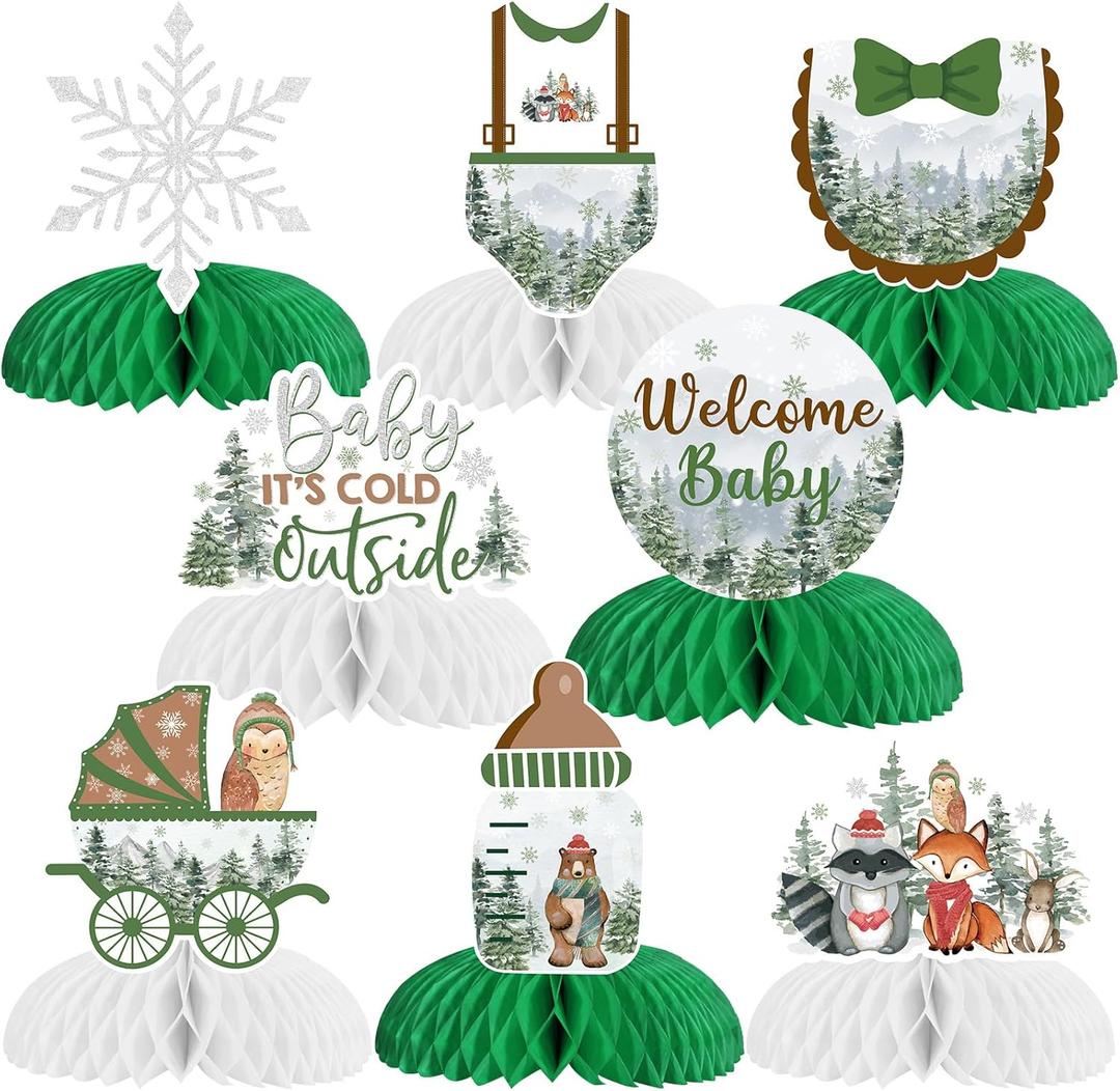 Jollyboom Winter Baby Shower Decorations, 8pcs Baby Its Cold Outside Honeycomb Centerpiece Welcome Baby Snowflake Table Centerpiece for Winter Woodland Jungle Forest Mountain Decoration Party