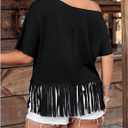 Women's Plus Size Off Shoulder Tops Cowgirls Graphic Tees Short Sleeve Fringe Tassel T Shirts (Black, XL)