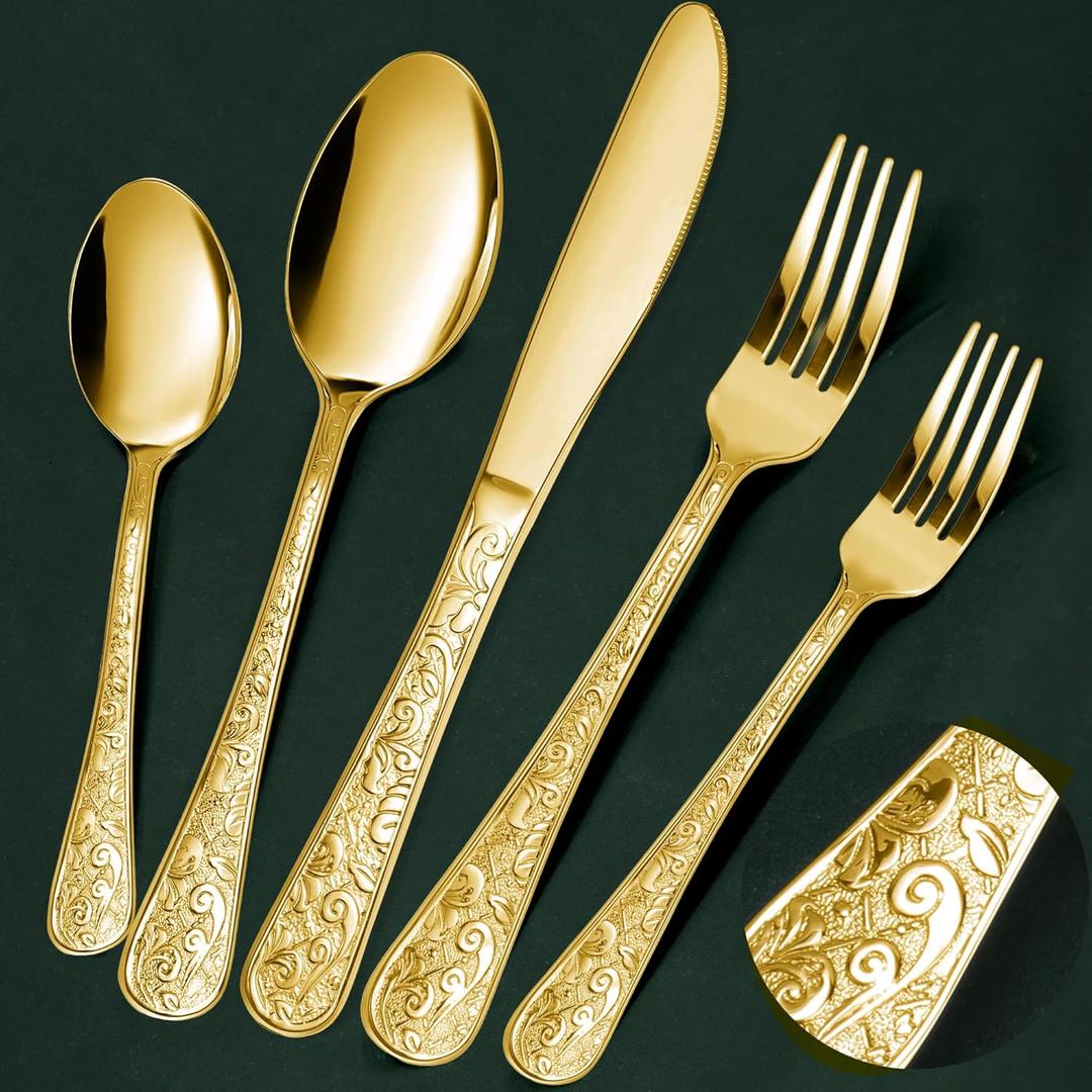 Meythway 40-Piece Vintage Carved Gold Silverware Set for 8, Stainless Steel Flatware Set with Knife/Fork/Spoon, Cutlery Set for Home and Kitchen, Utensil Set with Dishwasher Safe
