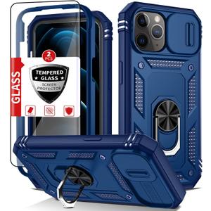 Compatible with iPhone 12 Pro Max Case with 2 Tempered Glass Screen Protectors, Built-in Kickstand Ring with Camera Cover Shockproof Military Grade Drop Heavy Duty Protection Phone Bumper Blue