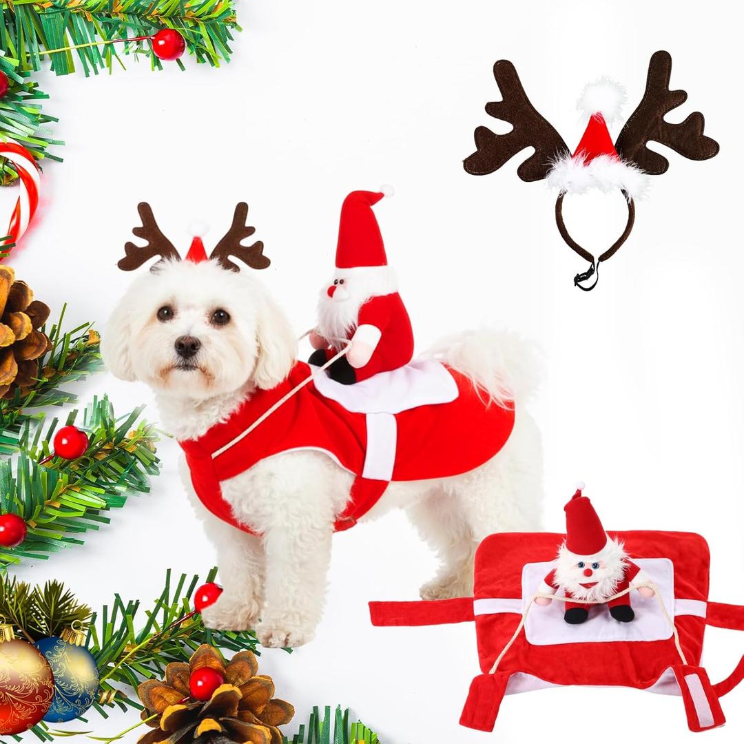 Frienda 2 Pcs Christmas Dog Costume Santa Claus Riding Pet Cosplay Costume and Reindeer Antler Headband Xmas Puppy Clothes Christmas Party Dressing up Outfit for Small Medium Large Dog Cat(XX-Large)