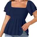 LYANER Women’s Square Neck Smocked Peplum Top Ruffle Short Sleeve Babydoll Shirred Blouse Navy Blue Small