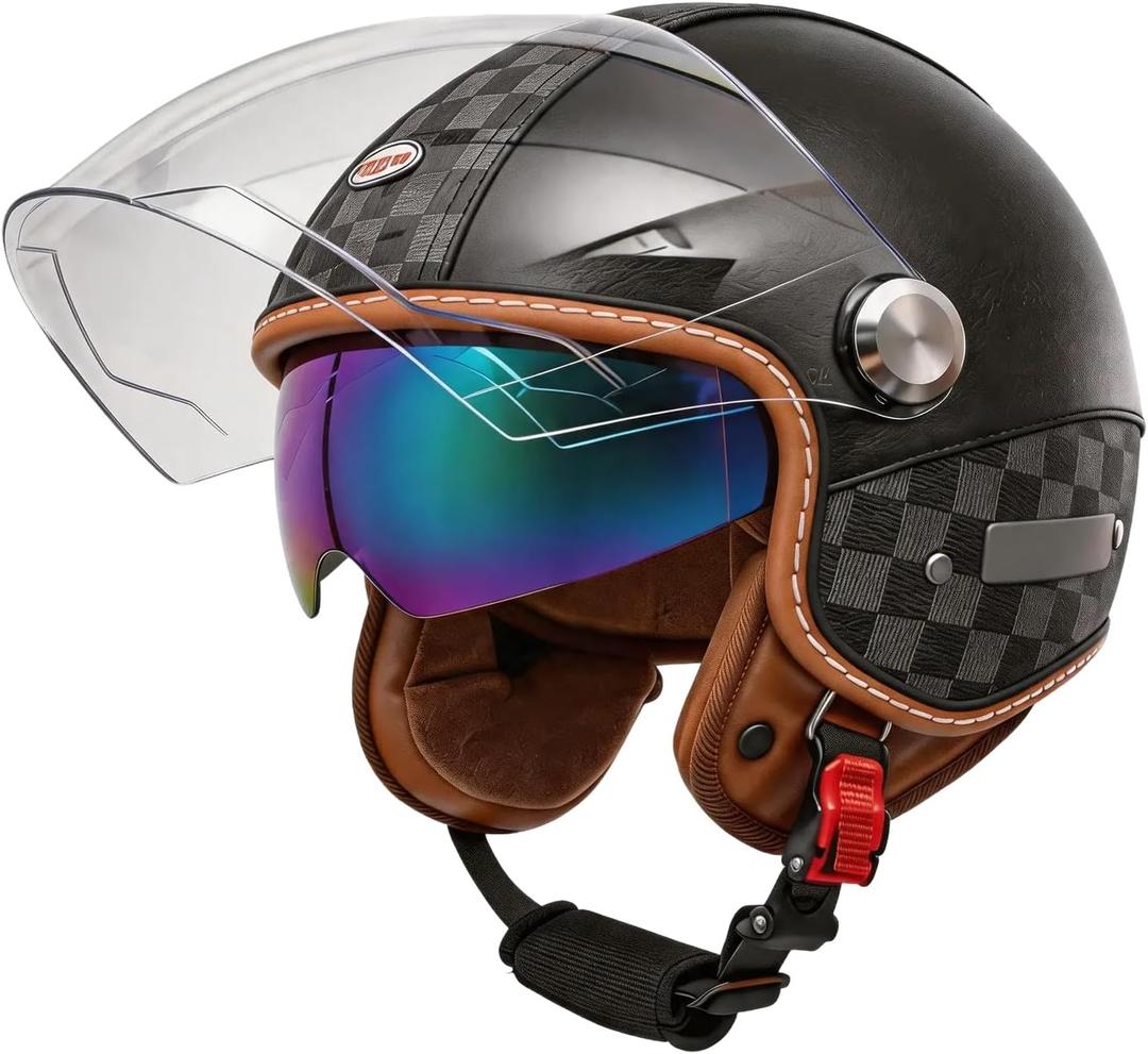 Motor Cycle Helmets for Men Dual Visor 3/4 Open Face Motorcycle Helmet for Men & Women, DOT Approved Unisex Retro Half Helmet，Motorbike Casco for Moped Cruiser (Black, M)