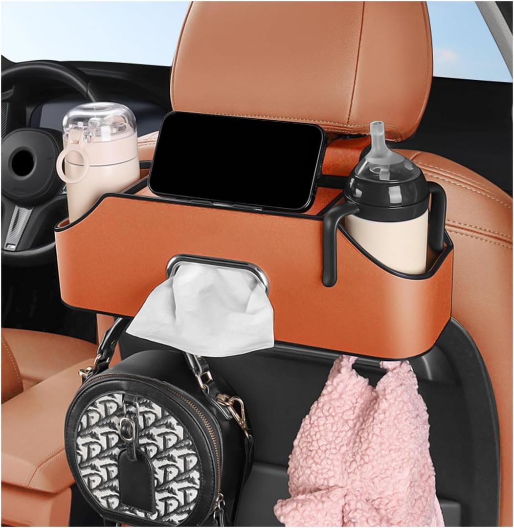 Car Seat Back Organizer with 2 Drink Cup Holder - Tissue Box and Storage Box Hook, Multi-Functional Auto Storage for Family Adventures, Car Accessory Headrest Organizer (Beige)