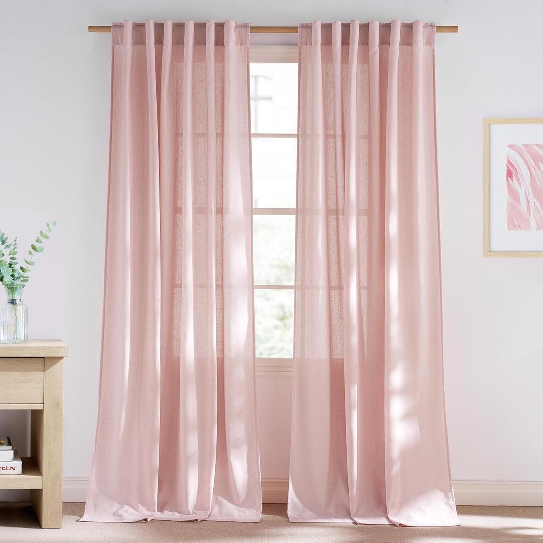 NICETOWN Linen Light Pink Curtains for Girls Room, Rod Pocket & Back Tab Privacy Semi Sheer with Light Filtering Thick Flax Window Drapes for Bedroom/Living Room, W55 x L108, 2 Panels