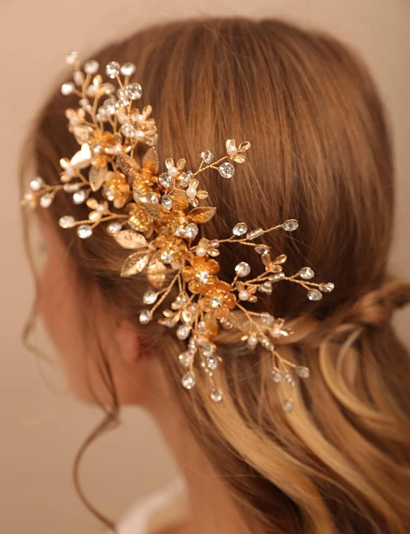 Jumwrit Bridal Hair Comb Rhinestone Crystal Headpiece Handmade Flower Leaves Pearl Hair Comb for Bride Bridesmaid Wedding Hair Accessories for Women GirlsGold