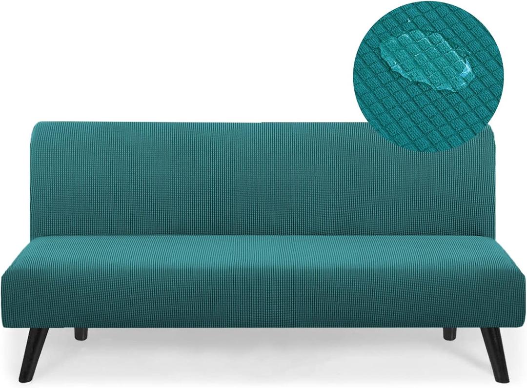 Water Repellent Futon Cover Armless Sofa Cover, Stretch Full Queen Size Sofa Bed Slipcover, Futon Couch Cover Furniture Protector with Elastic Bottom, Machine Washable (Dark Teal)