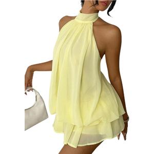 Verdusa Women's Chiffon Halter Drop Waist Wedding Guest Dresses Ruffle Summer Loose Fit Mini Dress Brunch Outfits (L)
