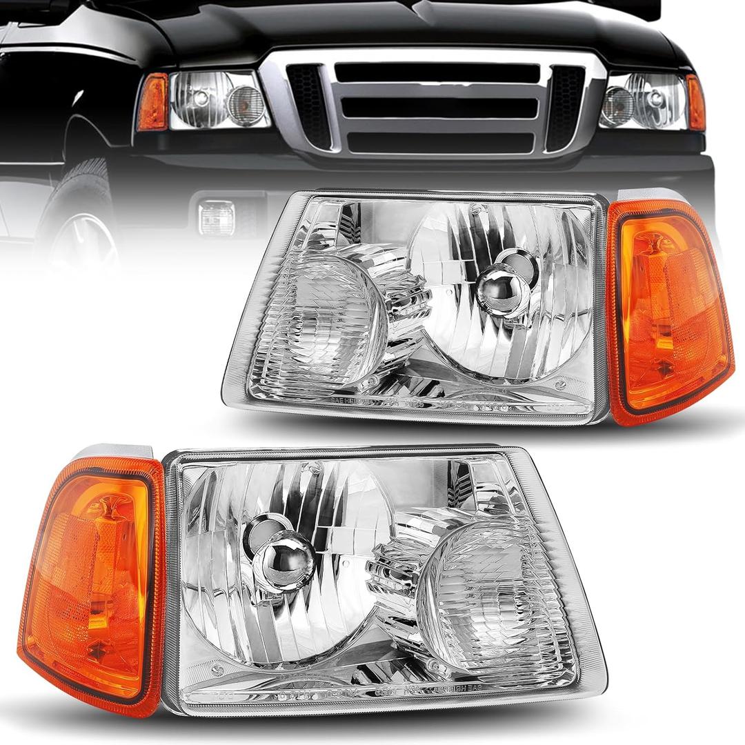 Headlight Assembly Compatible With 2001-2011 01-11 Ranger 2001 2002 2003 2004 2005 2006 2007 2008 2009 2010 2011 Ranger With Corner Light (Chrome Housing Amber Reflector)