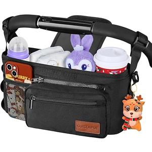 Guiseapue Universal Stroller Organizer with Cup Holder: Baby Essentials, Stroller Caddy Accessories with Detachable Phone Bag, Non-Slip Straps, Fits for Uppababy, Baby Jogger, New Moms Baby Gifts, Single Stroller, Black
