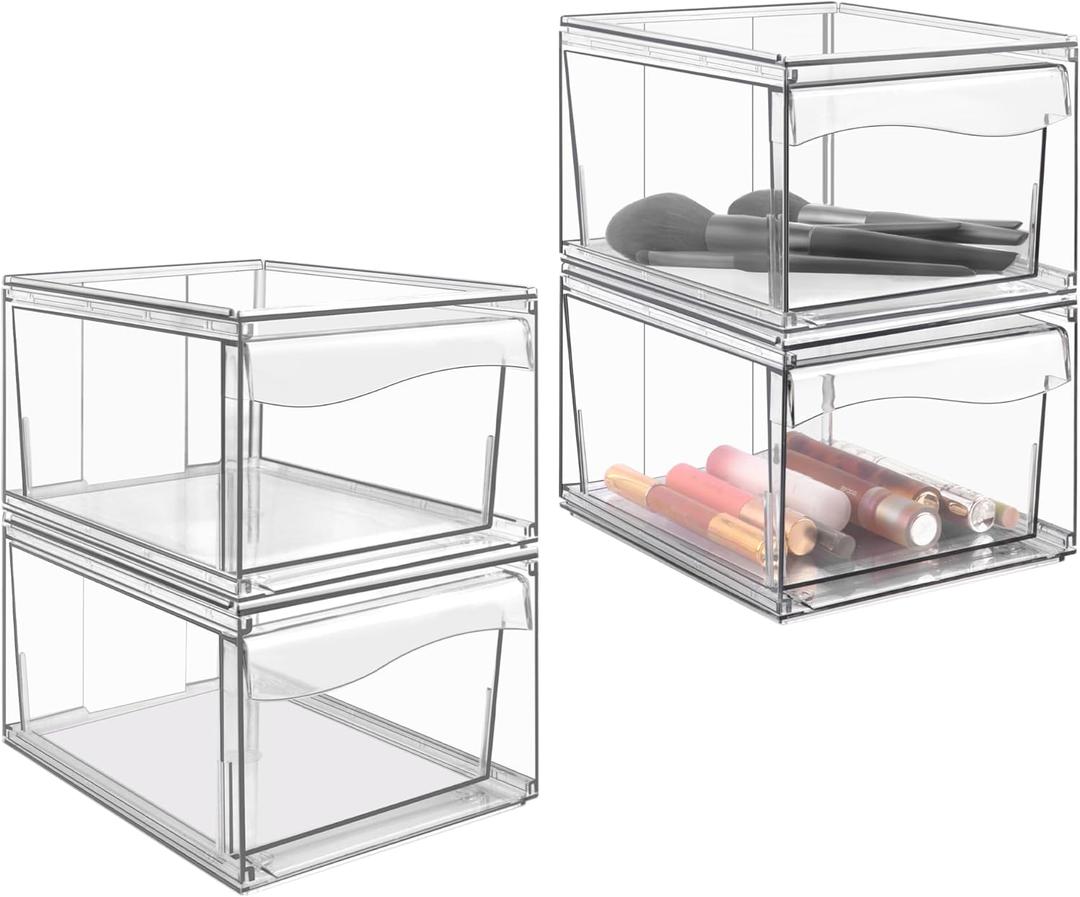 Homeanda 4.4''H Stackable Storage Drawers, 4 Pack Acrylic Plastic Organizers for Makeup, Nail Polish, Snacks, Beauty Supplies, Ideal for Vanity, Bathroom, Undersink, Cabinet, Desk Organization