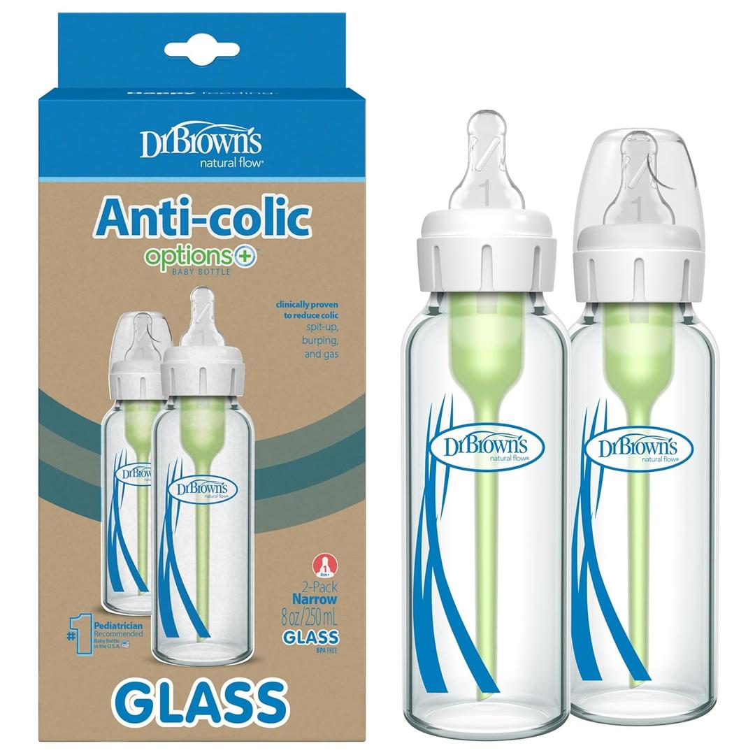 Dr. Brown's Anti-Colic Options+ Narrow Glass Baby Bottle with Level 1 Slow Flow Nipple, BPA-Free, 8 oz/250 mL, 0m+, 2-Pack
