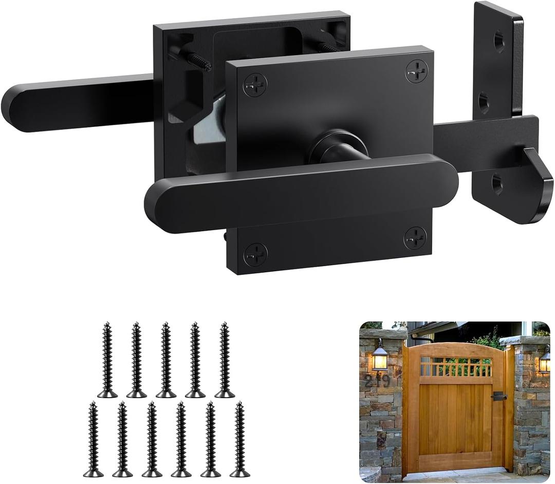 Double Side Gate Latch, Heavy Duty Gate Latch for Wooden Fence, Black Fence Gate Latch with Handles, Left Inswing Gate Latch for Wooden Gates, Vinyl Gate, Backyard, Garden, GL01