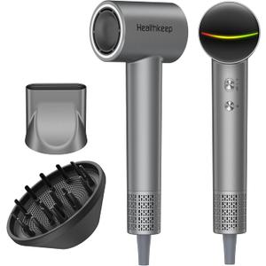 Hair Blow Dryer with Diffuser: 1500W High-Speed Brushless Motor 500M Ionic Technology, Thermo-Control Low Noise for Curly, Straight & Damaged Hair, Home Travel Salon (Grey)